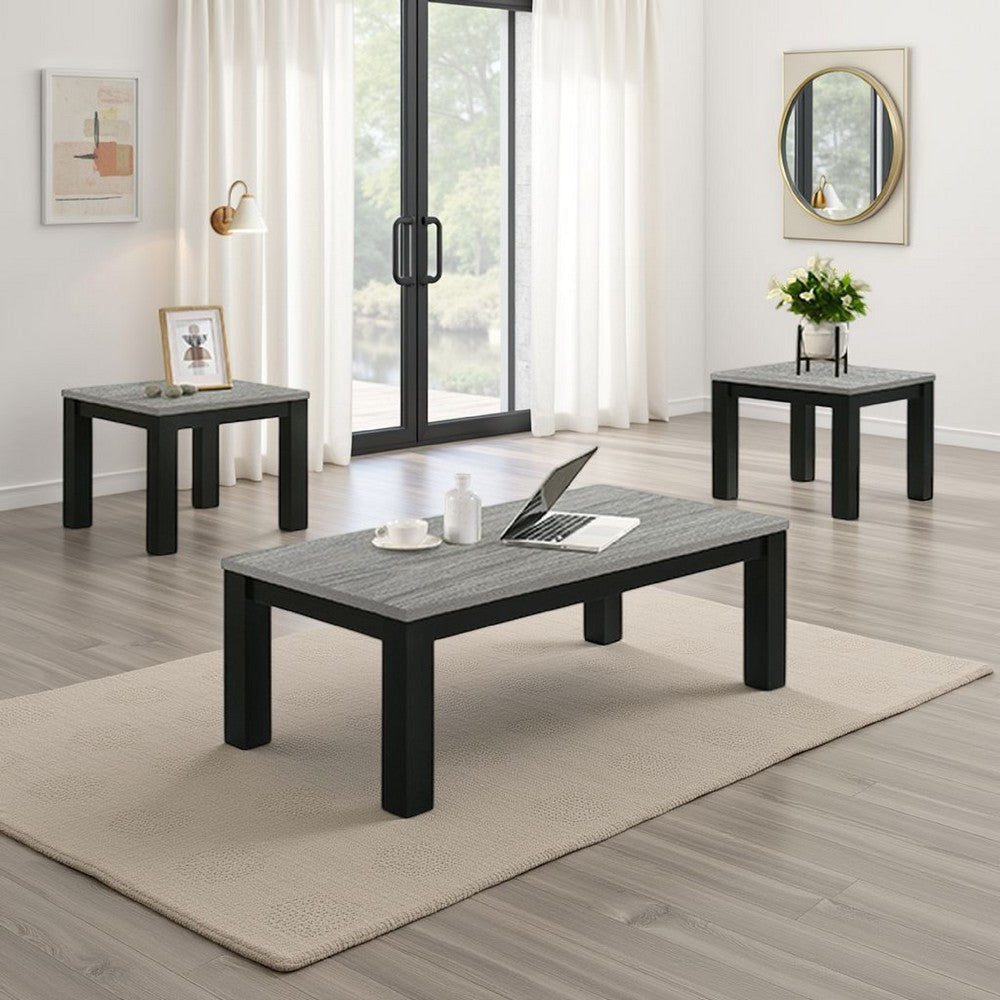 Tex 3pc Coffee and Side End Table Set | Gray Top | Black Wood Legs