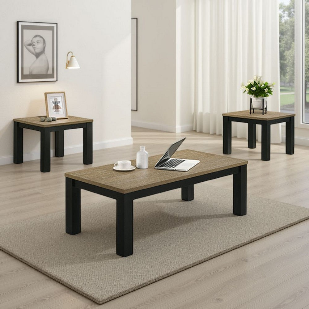 Tex 3pc Coffee and Side End Table Set | Brown Top | Black Wood Legs