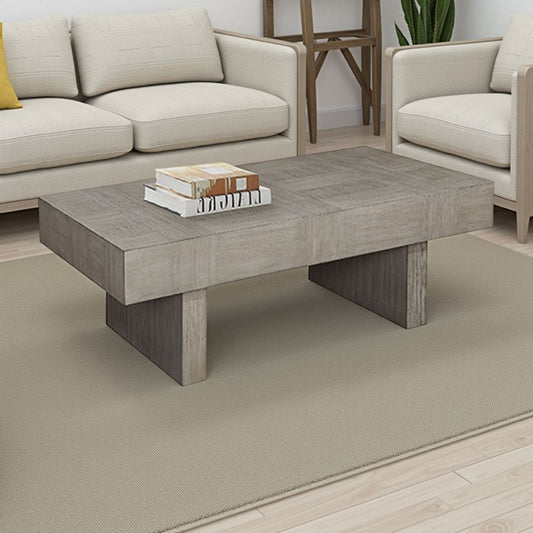 Lezy Coffee Table | 52" | Gray Oak Wood Top | Double Pedestal Base