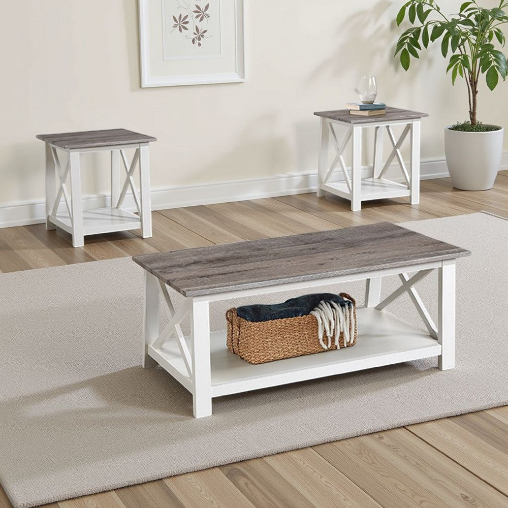 Heo 3pc Coffee and Side End Table Set | Gray Wood Top | White X Legs
