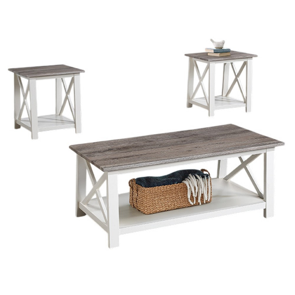 Heo 3pc Coffee and Side End Table Set | Gray Wood Top | White X Legs
