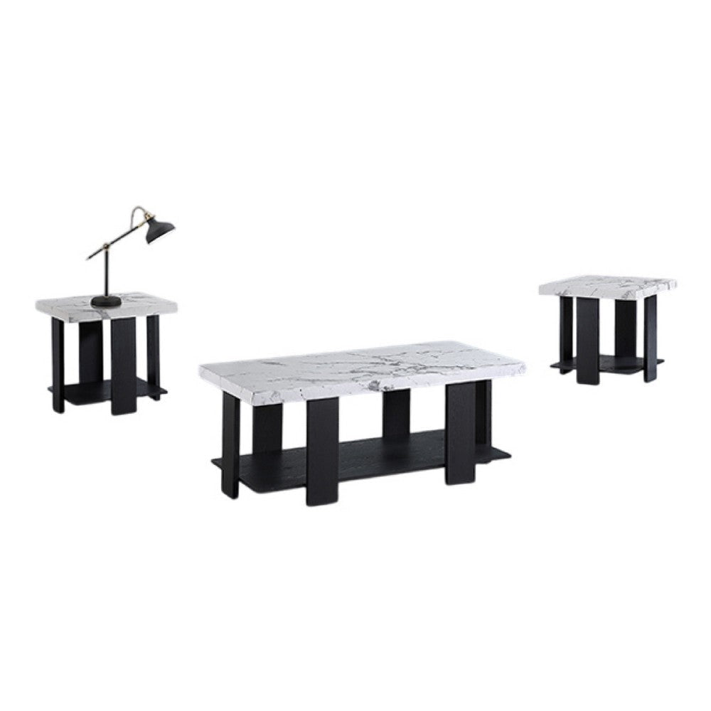 Birz 3pc Coffee and Side End Table Set | Beige Wood Top | Gray Base