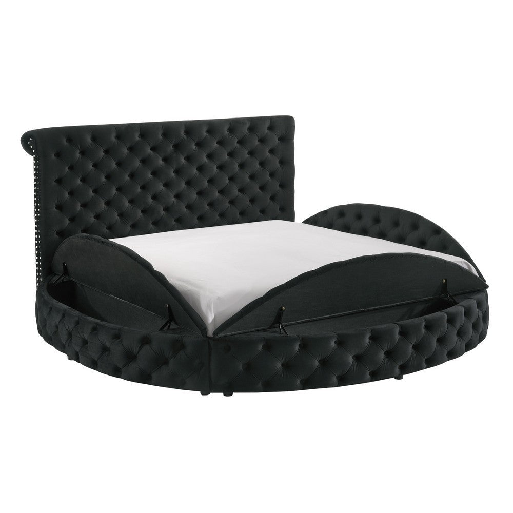 Jeri King Size Round Bed w Storage Footboard | Black Velvet Upholstery