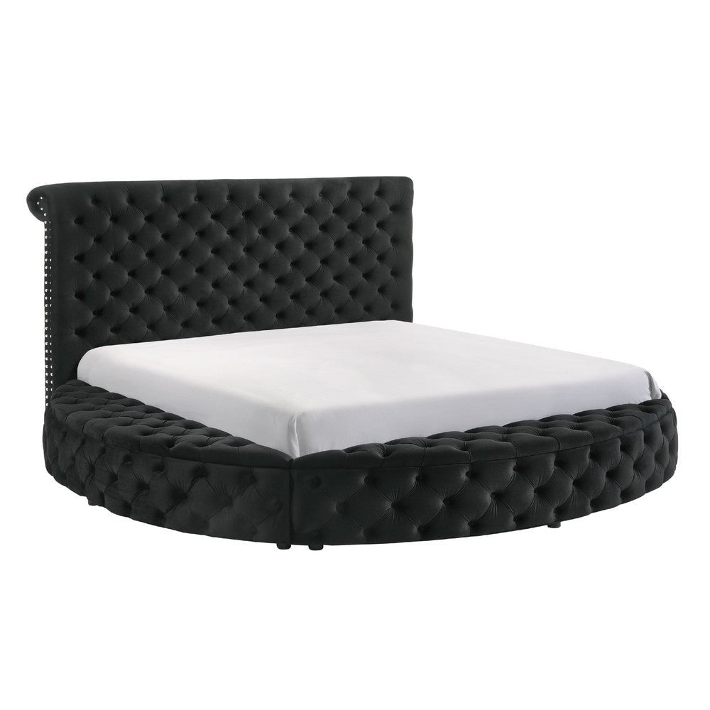 Jeri King Size Round Bed w Storage Footboard | Black Velvet Upholstery