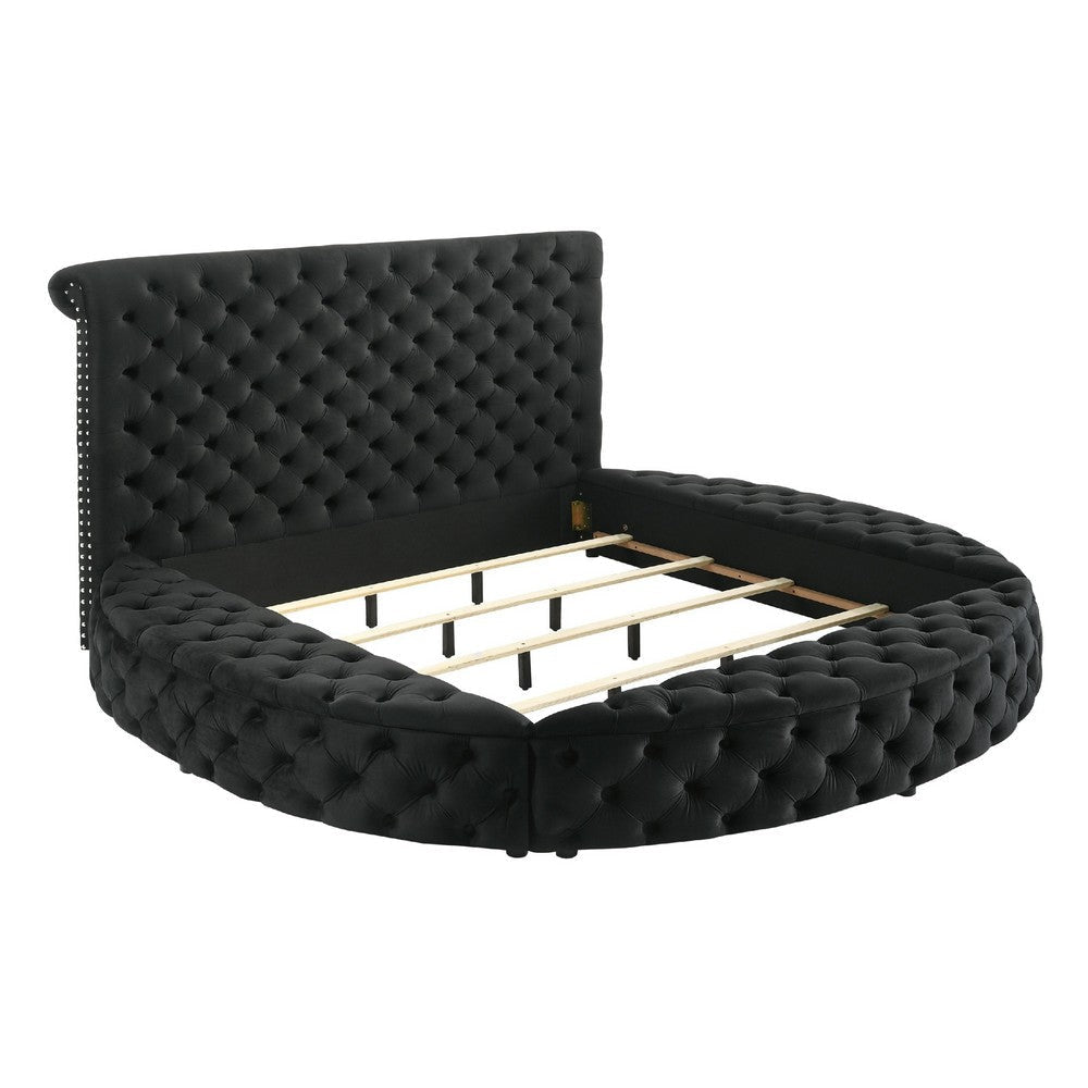 Jeri Queen Size Round Bed w Storage Drawer Black Velvet Upholstery