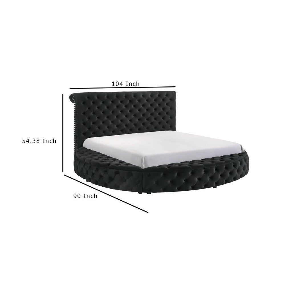 Jeri Queen Size Round Bed w Storage Drawer Black Velvet Upholstery