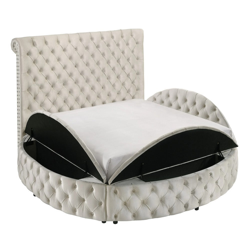 Jeri Queen Round Bed w Storage Footboard | Ivory Italian Upholstery