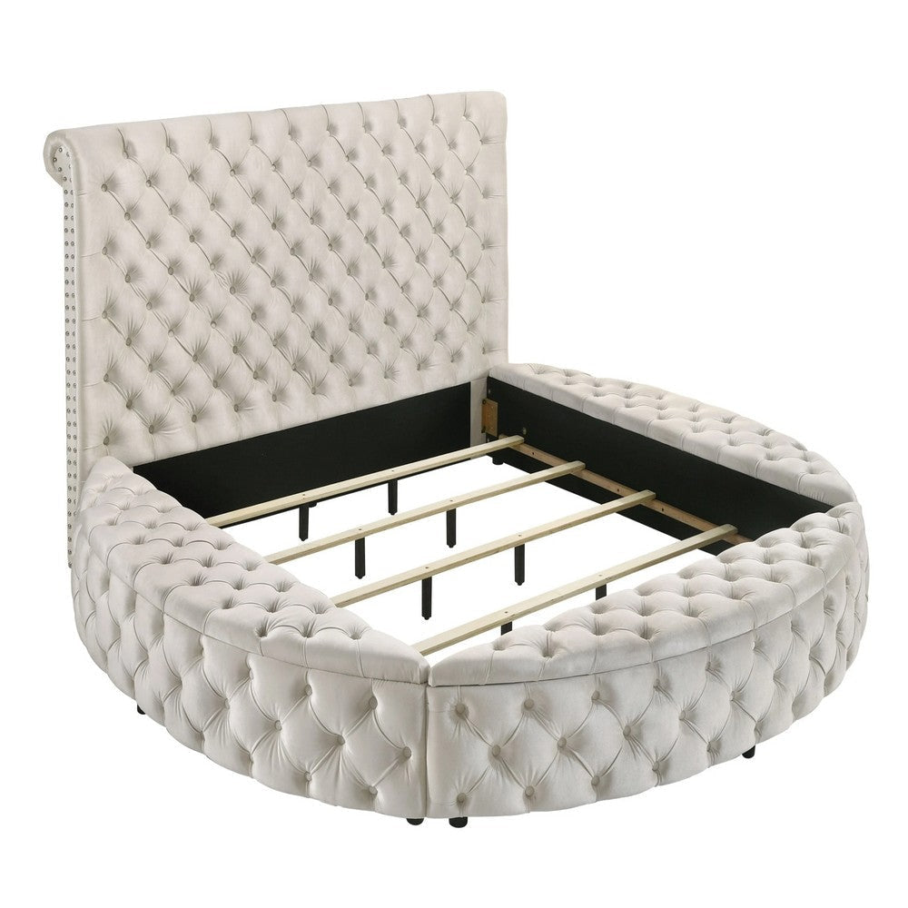 Jeri Queen Round Bed w Storage Footboard | Ivory Italian Upholstery