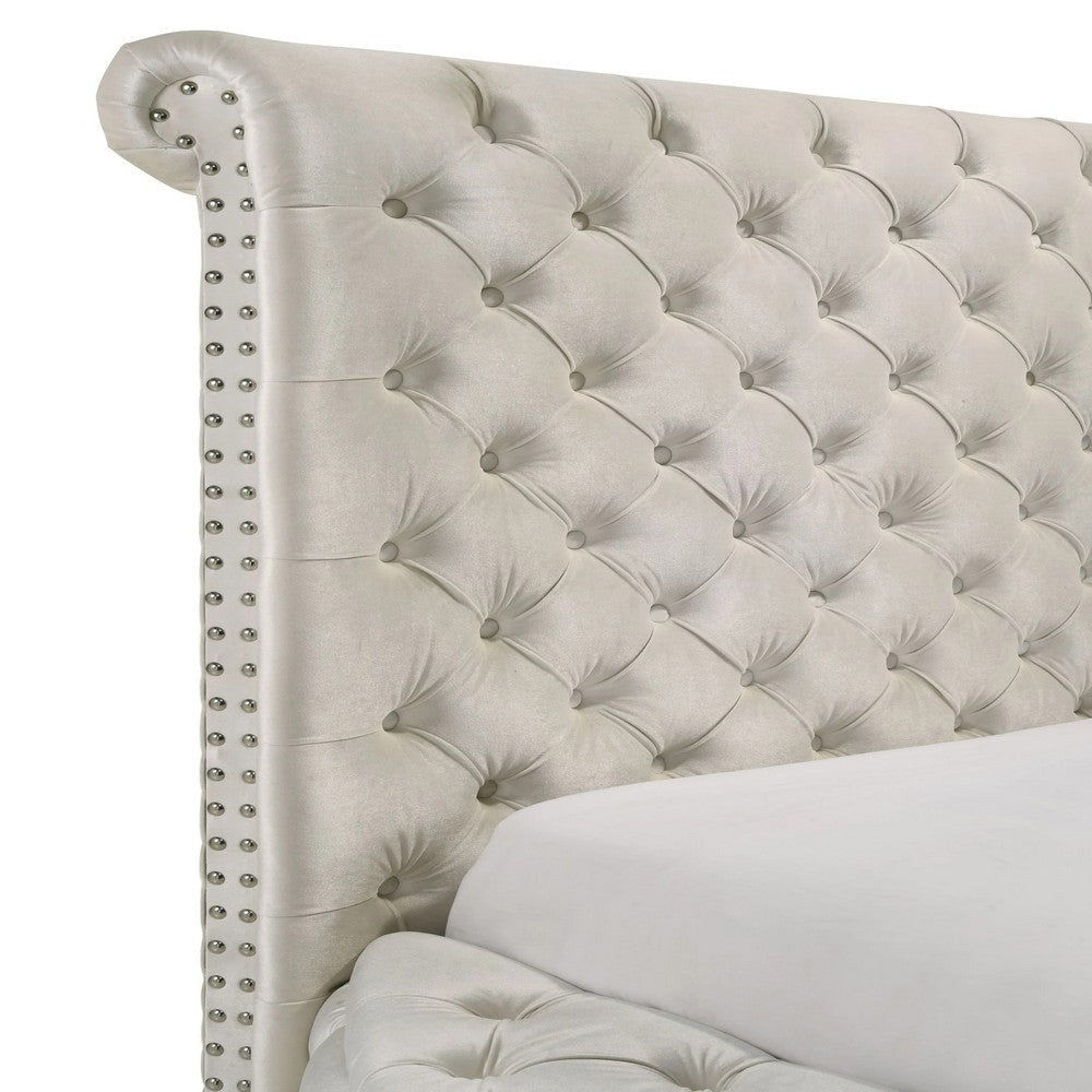 Jeri Queen Round Bed w Storage Footboard | Ivory Italian Upholstery