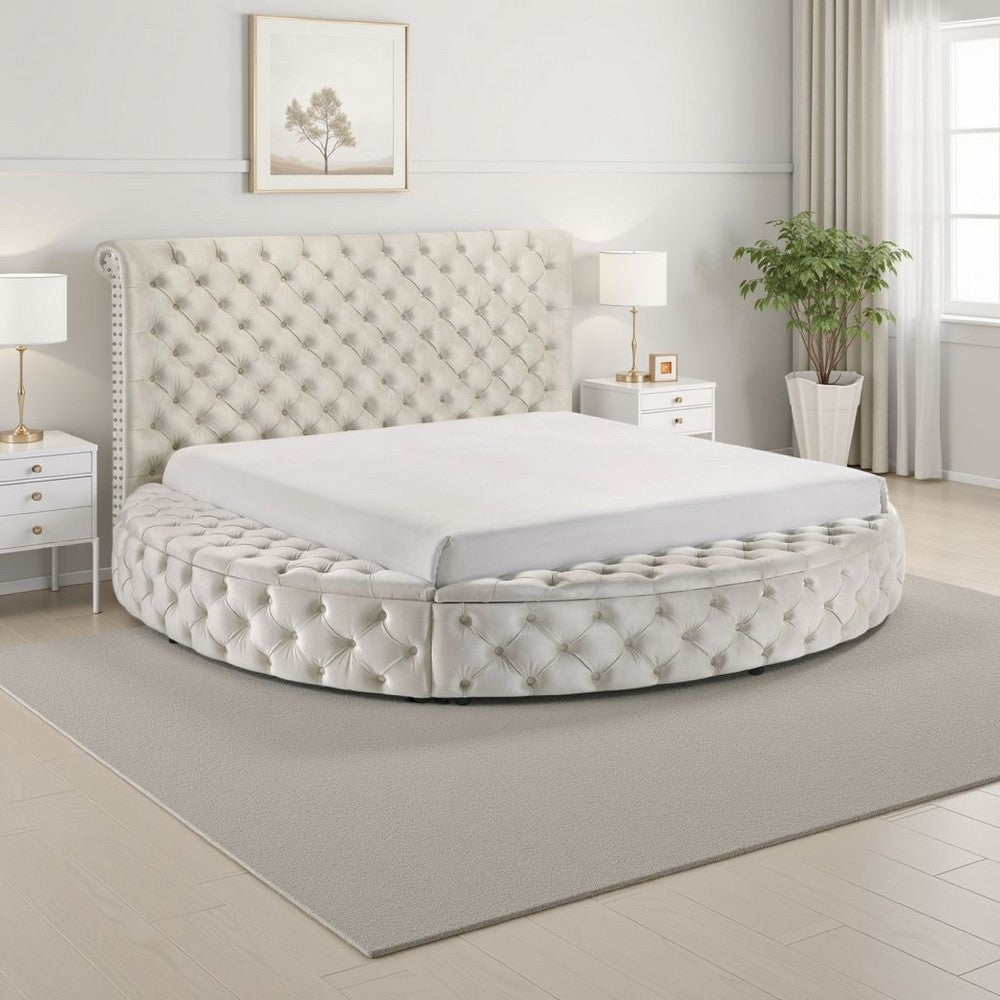 Jeri Queen Round Bed  w Storage Footboard | Ivory Italian Upholstery
