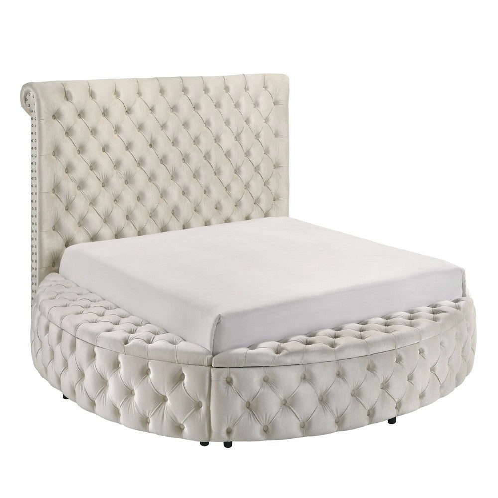 Jeri Queen Round Bed  w Storage Footboard | Ivory Italian Upholstery