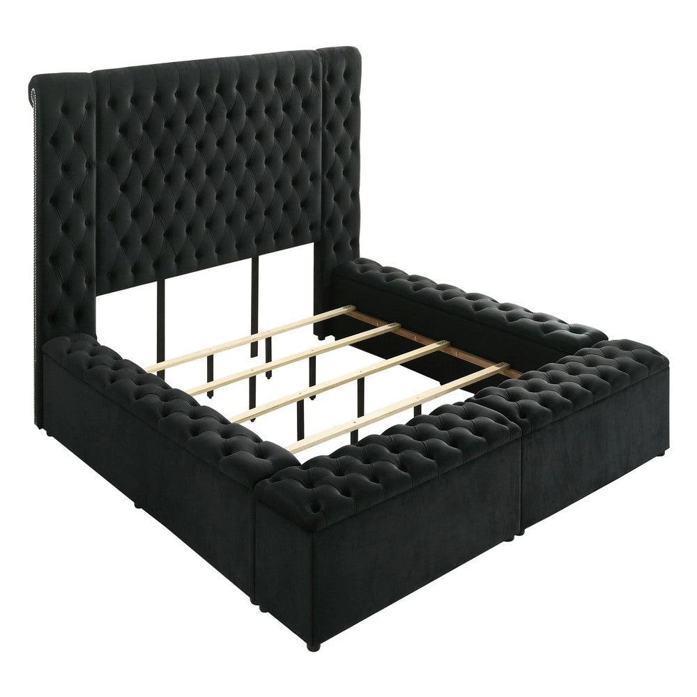Heri King Bed w Side Storage | Chesterfield Black Velvet Upholstery