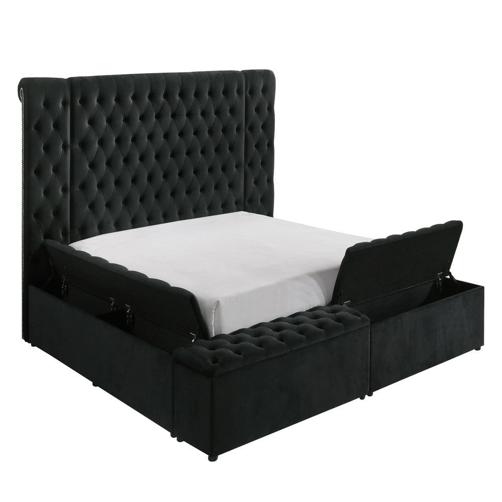 Heri Queen Bed w Side Storage | Chesterfield Black Velvet Upholstery