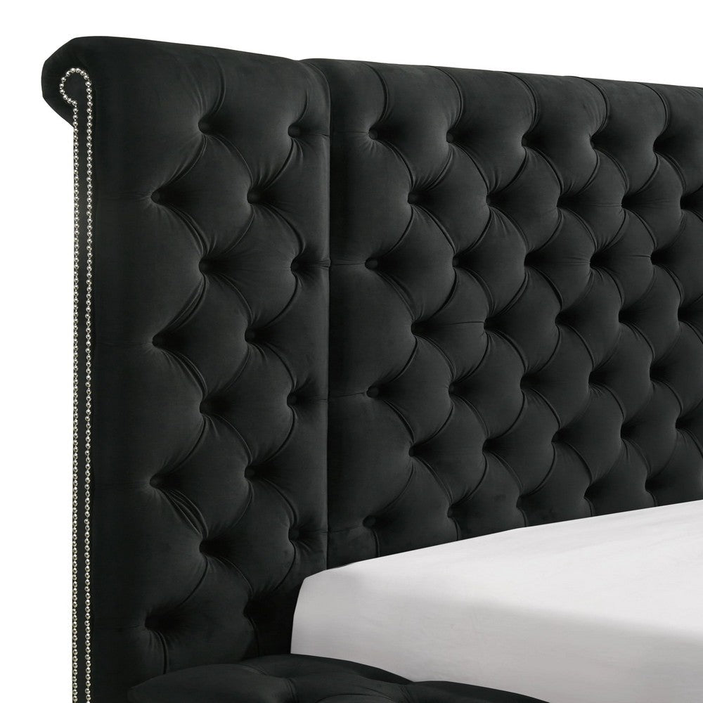 Heri Queen Bed w Side Storage | Chesterfield Black Velvet Upholstery