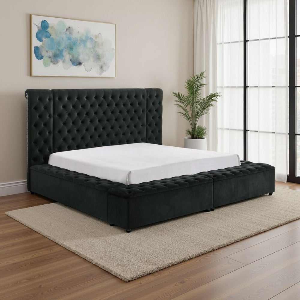 Heri Queen Bed w Side Storage | Chesterfield Black Velvet Upholstery