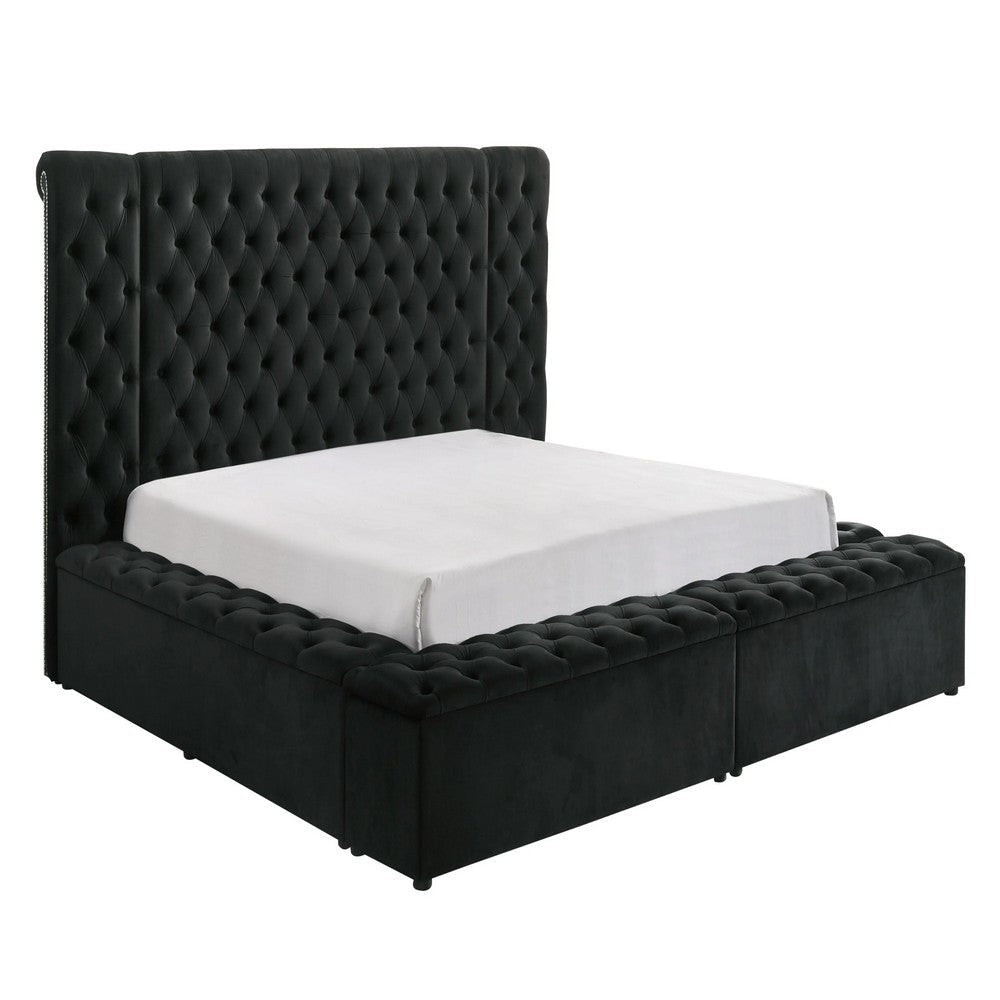 Heri Queen Bed w Side Storage | Chesterfield Black Velvet Upholstery