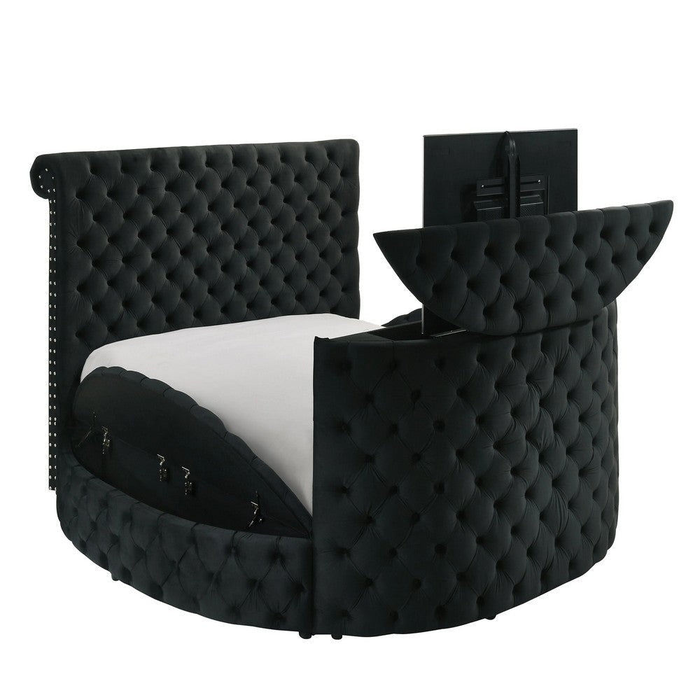 Leri Round King Bed w TV Stand LED Fireplace | Black Velvet Upholstery
