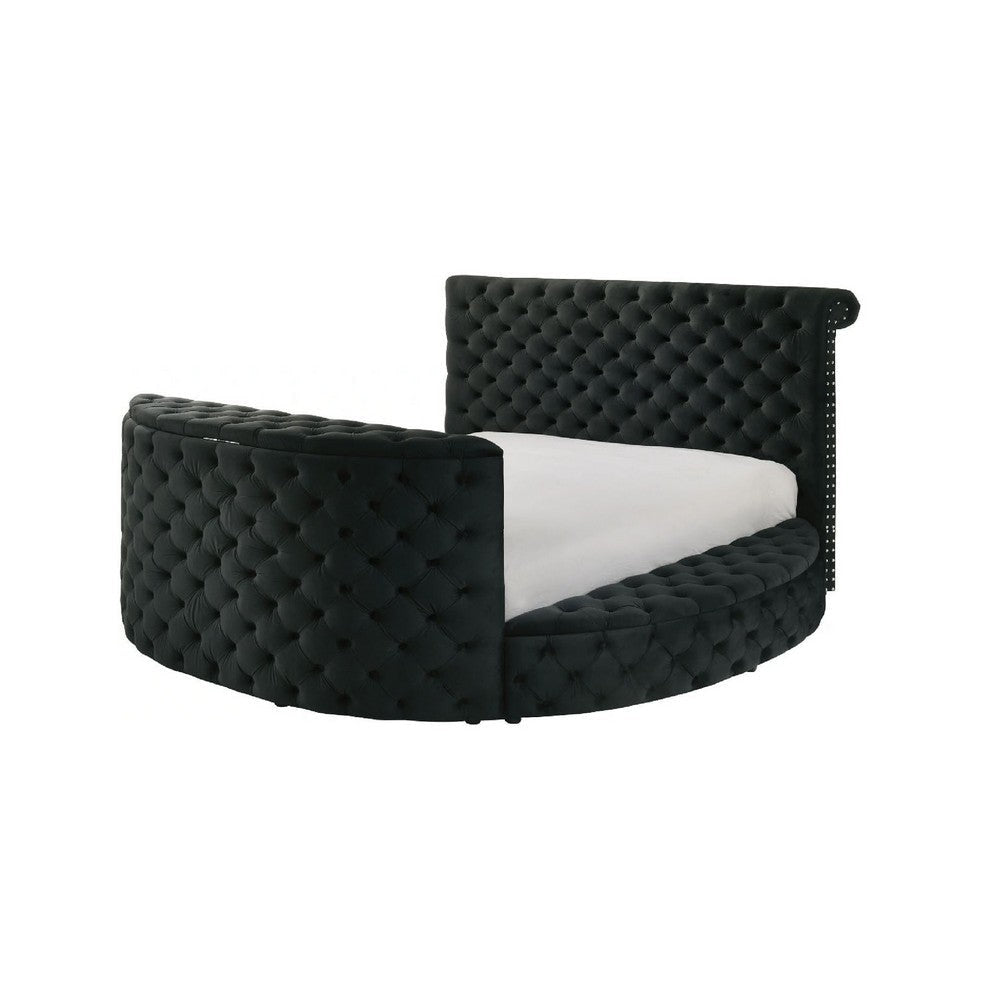 Leri Round King Bed w TV Stand LED Fireplace | Black Velvet Upholstery