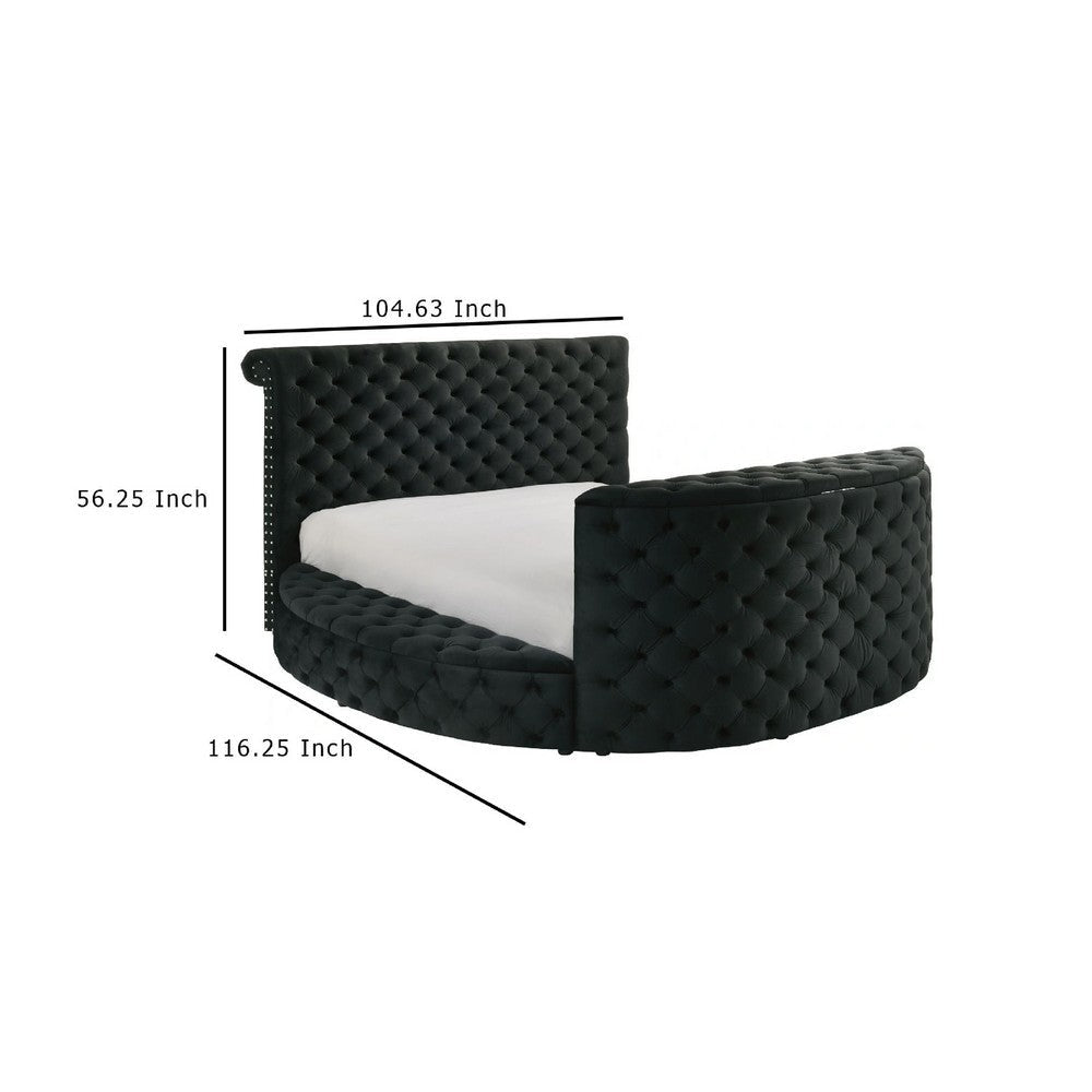 Leri Round King Bed w TV Stand LED Fireplace | Black Velvet Upholstery