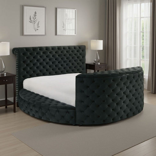 Leri Round King Bed w TV Stand LED Fireplace | Black Velvet Upholstery