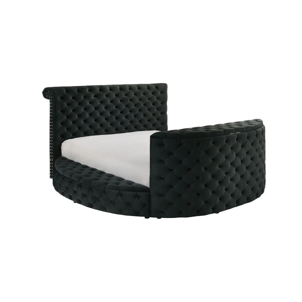 Leri Round King Bed w TV Stand LED Fireplace | Black Velvet Upholstery