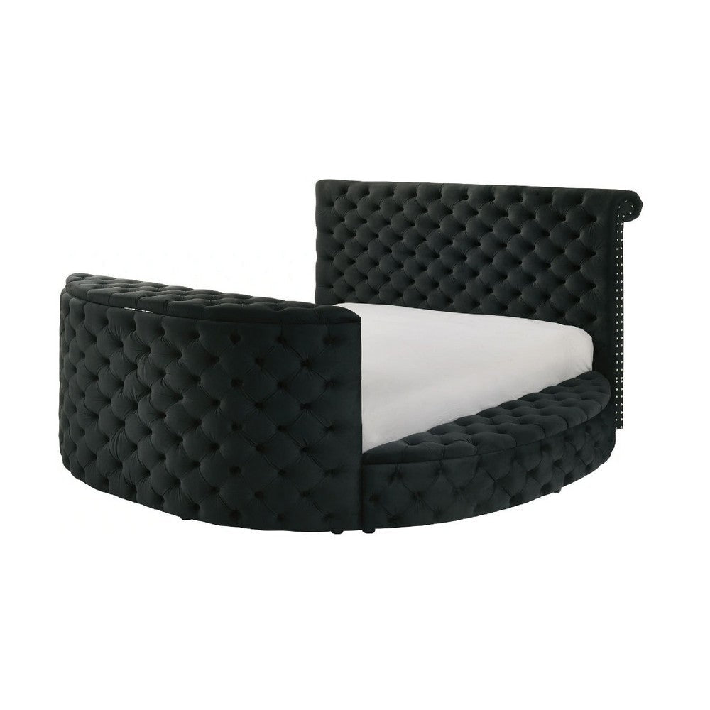 Leri Round Queen Bed w TV Stand LED Fireplace Black Velvet Upholstery