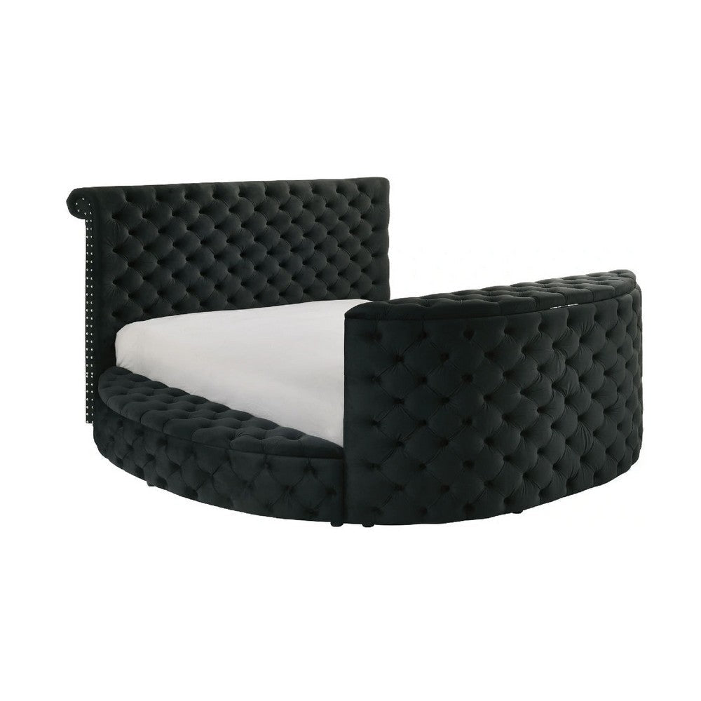 Leri Round Queen Bed w TV Stand LED Fireplace, Black Velvet Upholstery