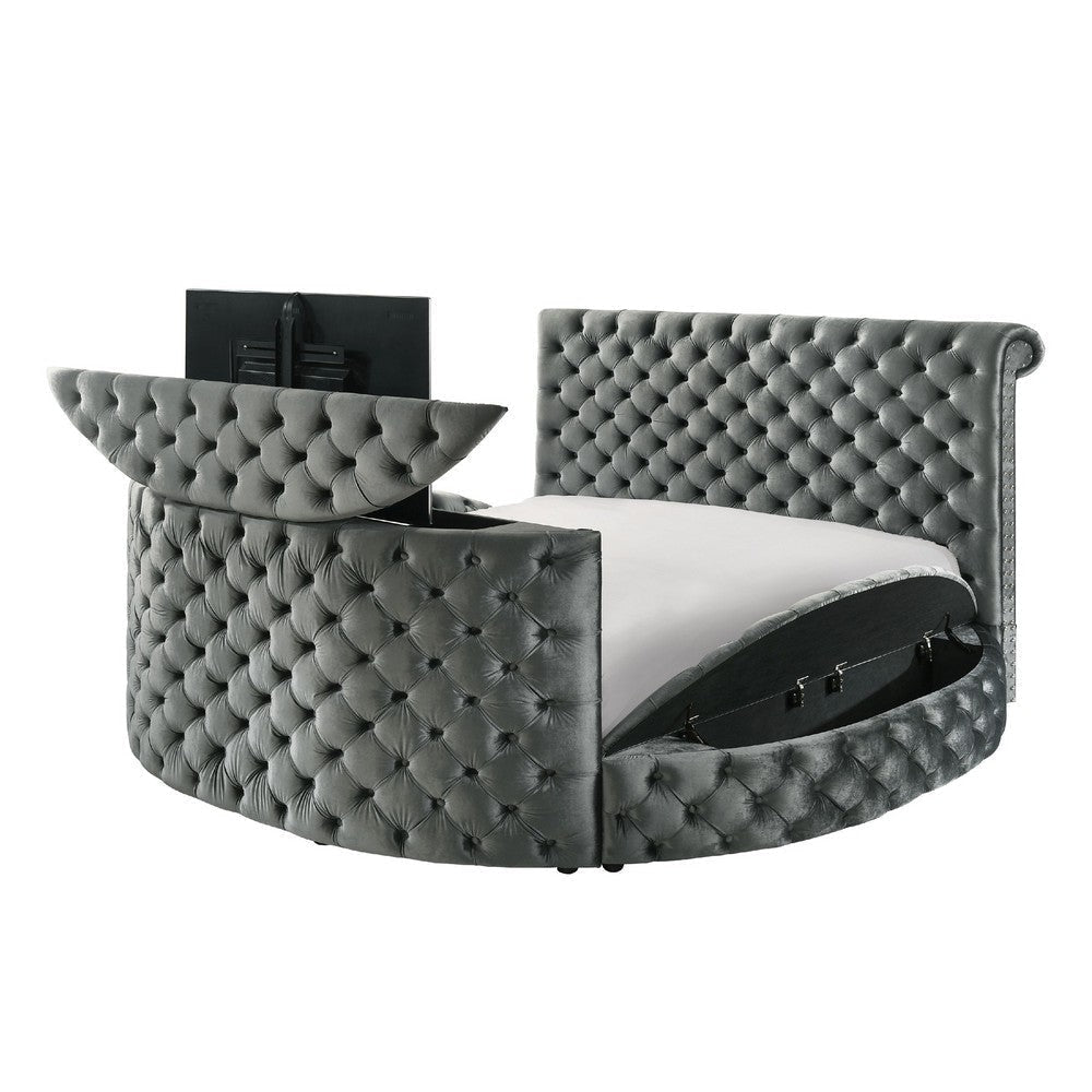 Leri Round Queen Bed with Lift TV Stand n LED Fireplace | Gray Velvet