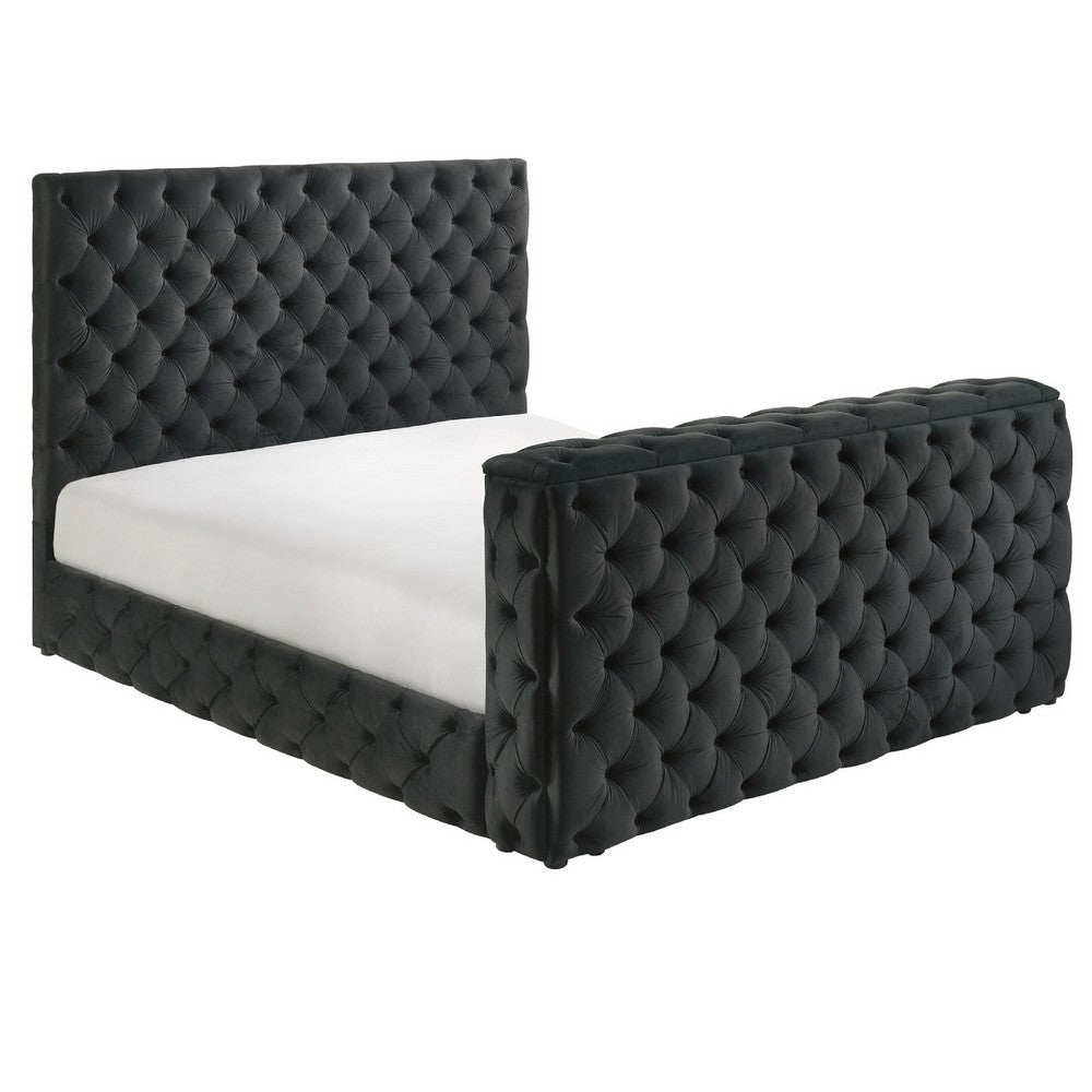 Meri King Bed with Lift TV Stand | Tufted Black Velvet Upholstery