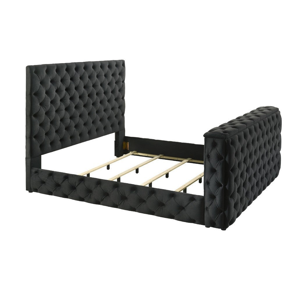 Meri Queen Bed with Lift TV Stand | Tufted Black Velvet Upholstery