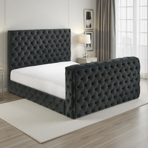 Meri Queen Bed with Lift TV Stand | Tufted Black Velvet Upholstery