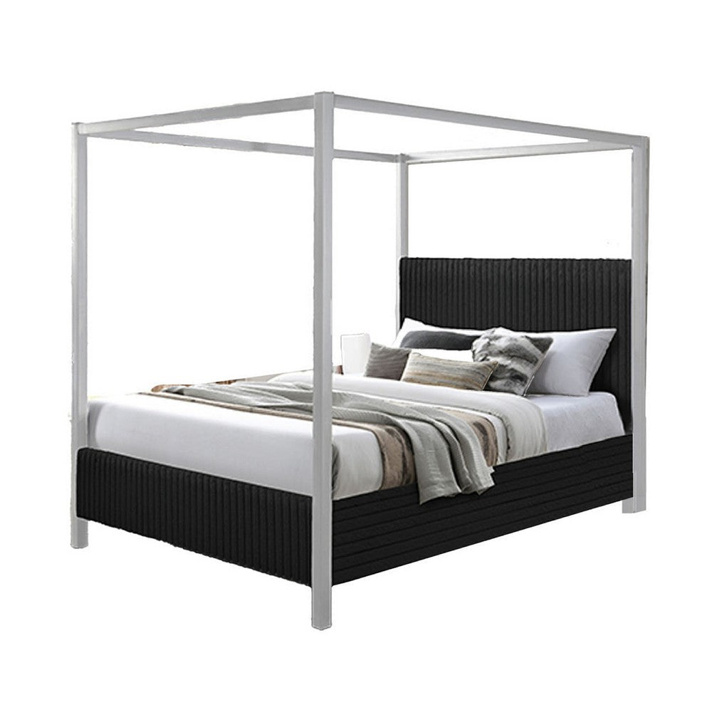Keri King Size Canopy Bed | White Slatted Wood | Black Upholstery