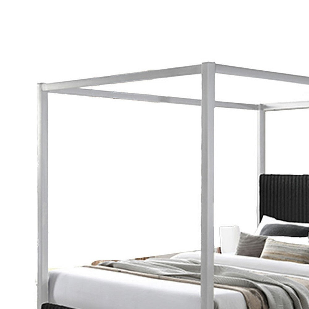 Keri King Size Canopy Bed | White Slatted Wood | Black Upholstery