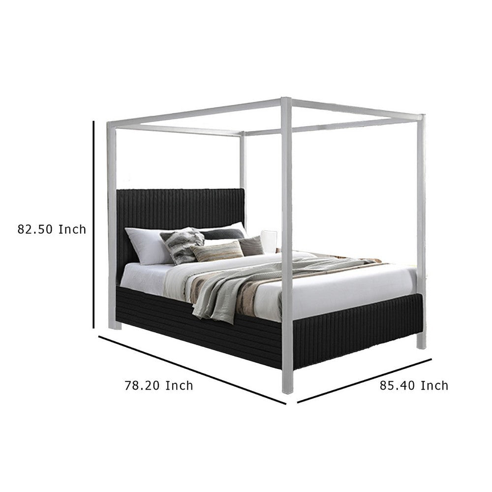 Keri King Size Canopy Bed | White Slatted Wood | Black Upholstery