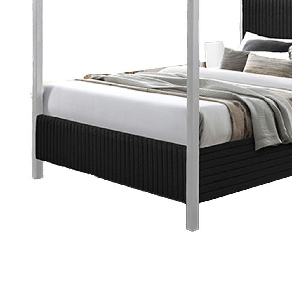 Keri Queen Canopy Bed | White Slatted Wood Frame | Black Upholstery