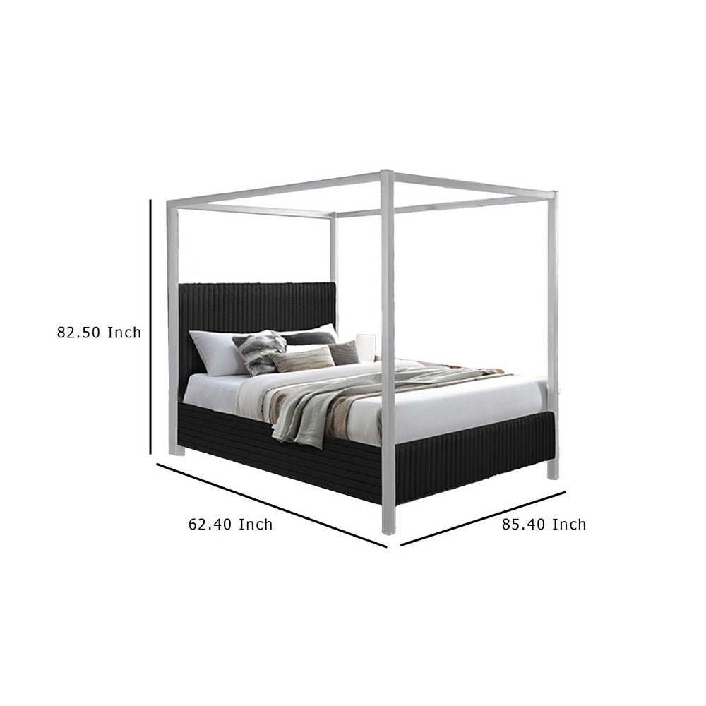 Keri Queen Canopy Bed | White Slatted Wood Frame | Black Upholstery