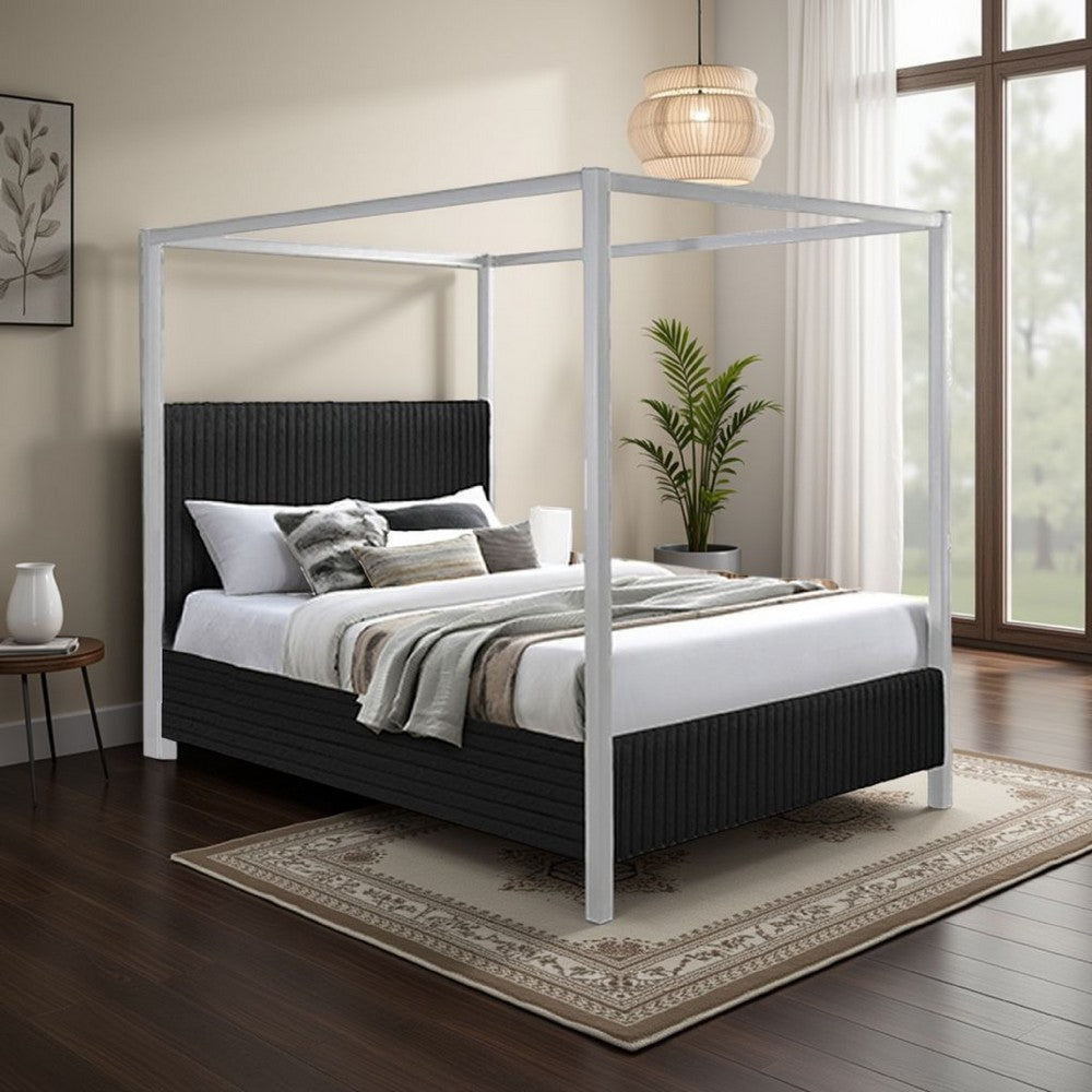 Keri Queen Canopy Bed | White Slatted Wood Frame | Black Upholstery