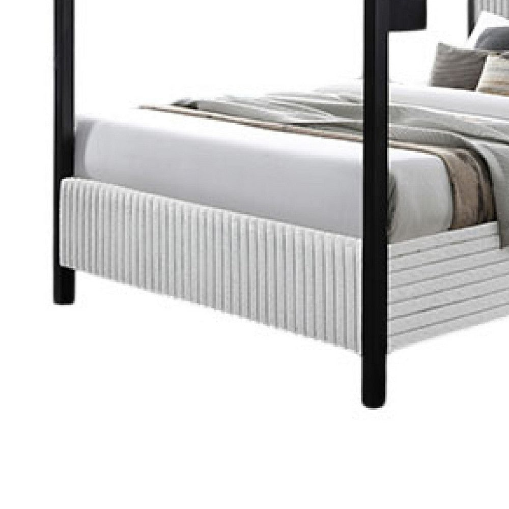 Keri King Size Canopy Bed | Black Slatted Wood | White Upholstery