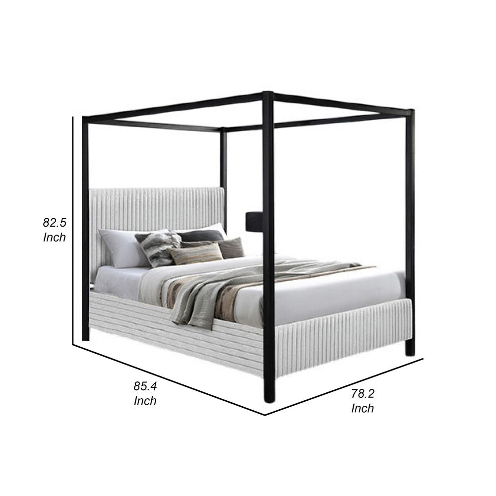 Keri King Size Canopy Bed | Black Slatted Wood | White Upholstery