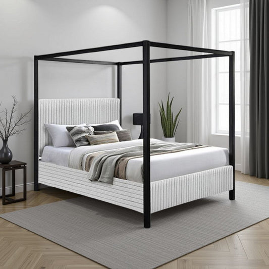 Keri King Size Canopy Bed | Black Slatted Wood | White Upholstery
