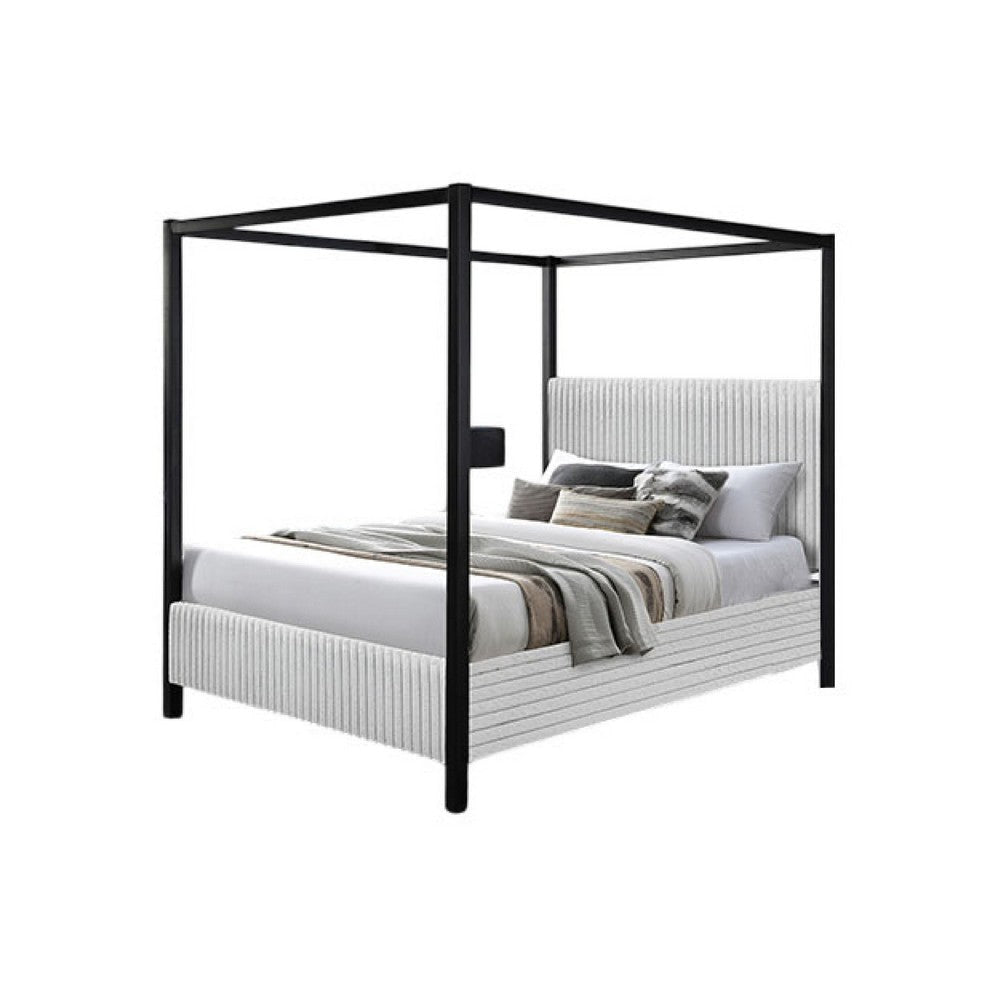 Keri Queen Canopy Bed | Black Slatted Wood Frame | White Upholstery