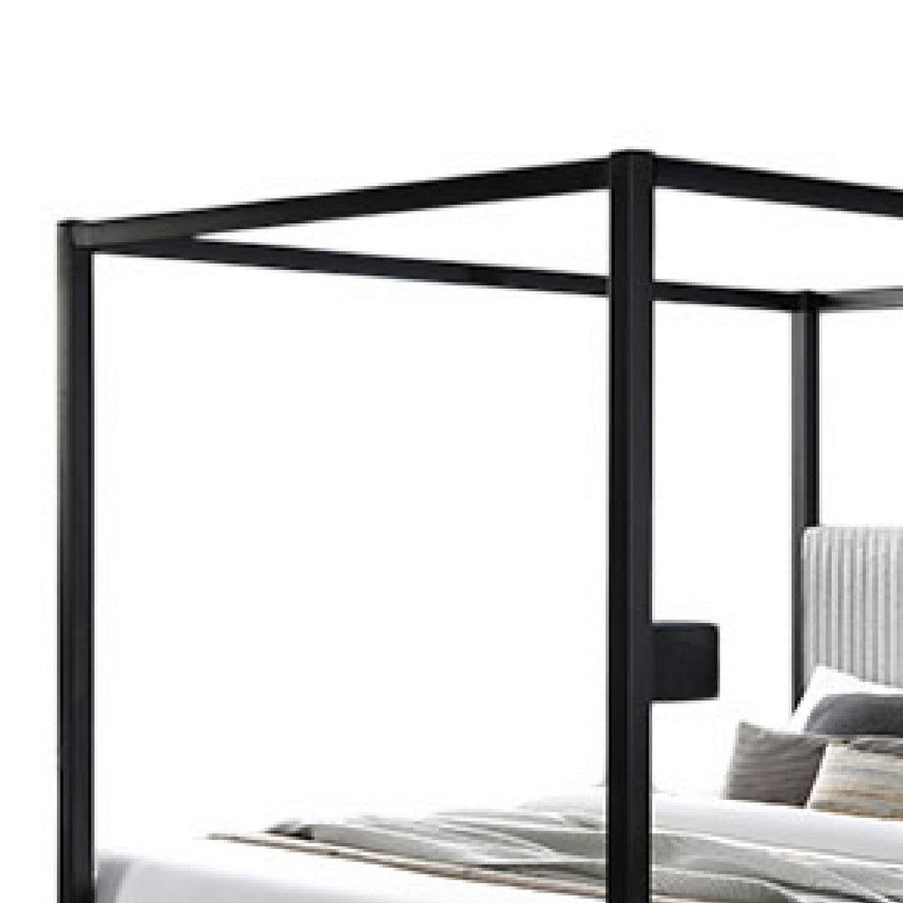 Keri Queen Canopy Bed | Black Slatted Wood Frame | White Upholstery