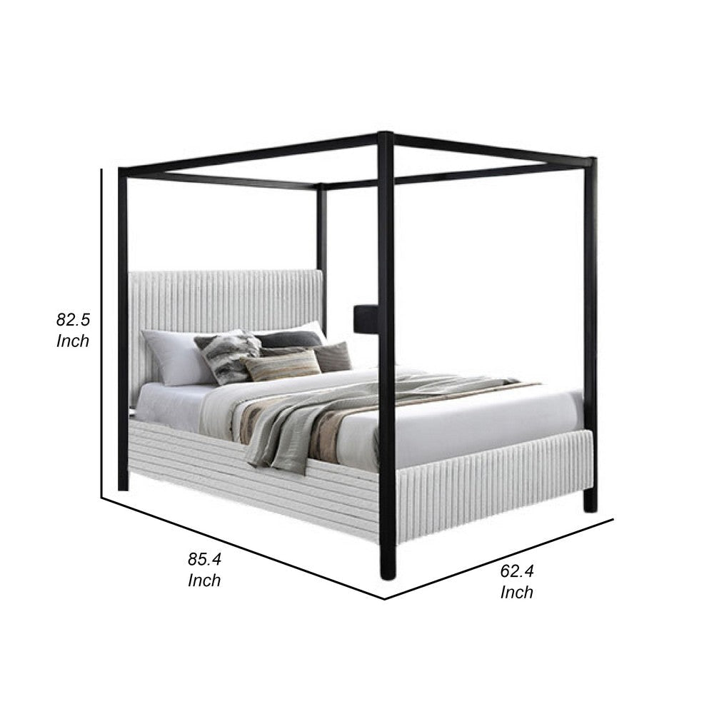 Keri Queen Canopy Bed | Black Slatted Wood Frame | White Upholstery