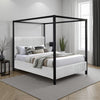 Keri Queen Canopy Bed | Black Slatted Wood Frame | White Upholstery