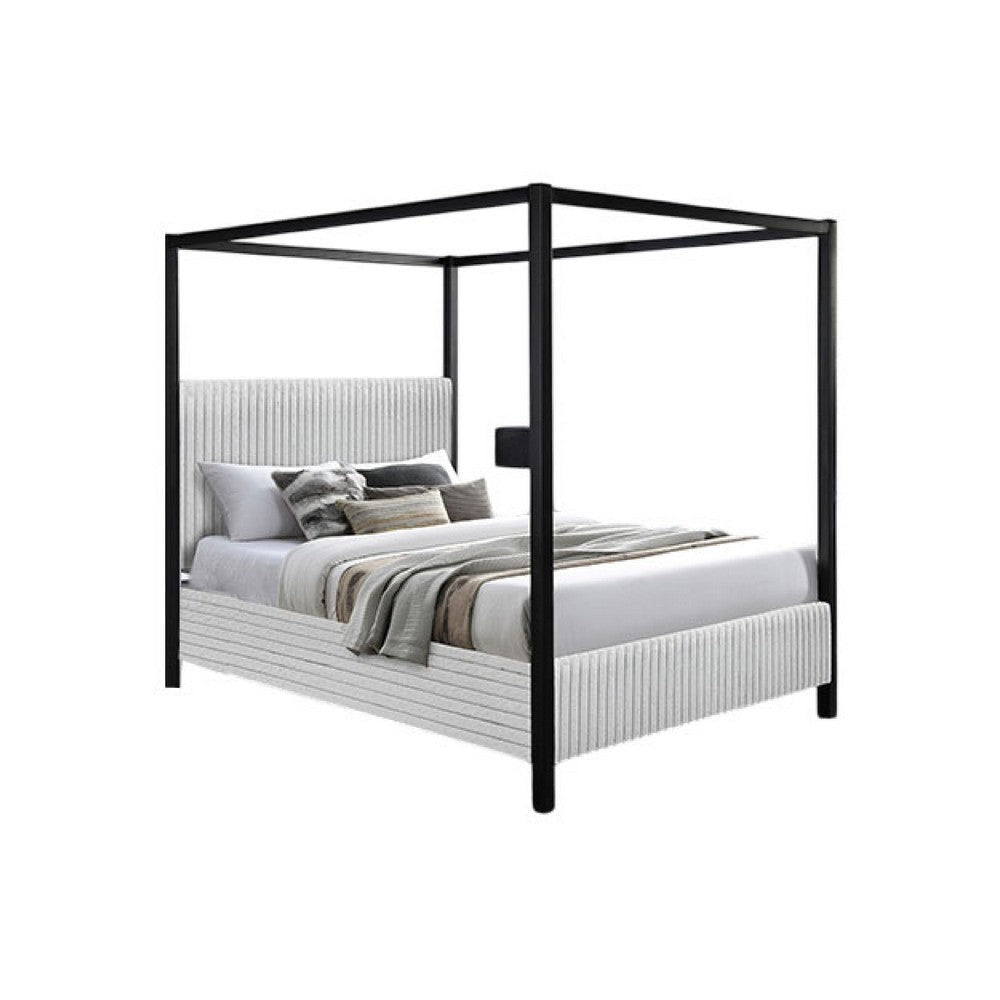 Keri Queen Canopy Bed | Black Slatted Wood Frame | White Upholstery