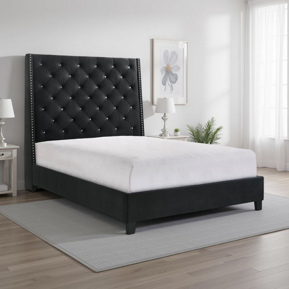 Toer King Bed | 67" Tall Wingback Headboard | Black Velvet Upholstery
