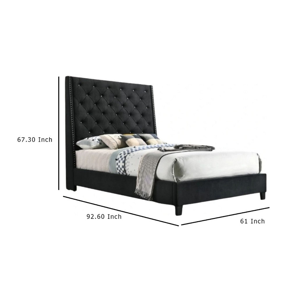 Toer Queen Bed | Tall Wingback Headboard | Black Velvet Upholstery