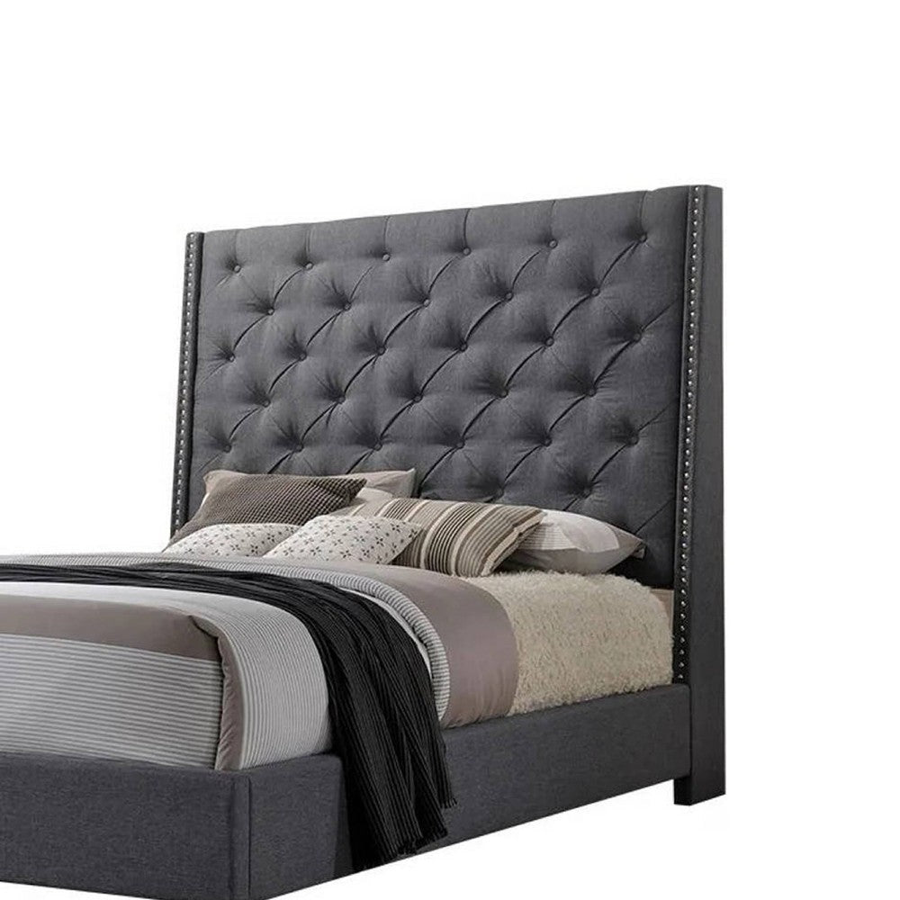 Toer Queen Size Bed | Tall Wingback Headboard | Modern Gray Upholstery