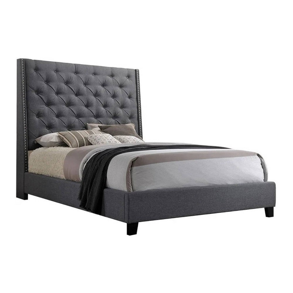 Toer Queen Size Bed | Tall Wingback Headboard | Modern Gray Upholstery
