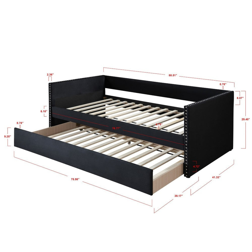 Sery Daybed w Trundle | Black Velvet Upholstery and Nailhead Trim BM336448